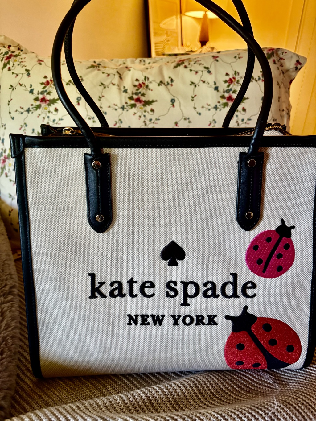 New With Tags Kate Spade Ella Dottie Black Leather Canvas Tote With Red Ladybugs